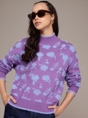 Roadster Printed High Neck Casual Women Purple Sweater