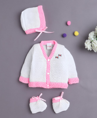 BUMZEE Woven V Neck Casual Baby Girls White Sweater