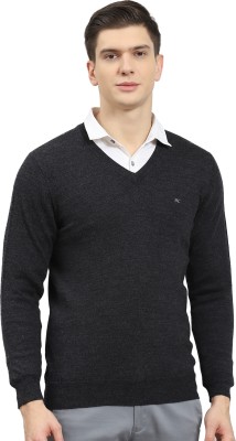 MONTE CARLO Solid V Neck Casual Men Grey Sweater