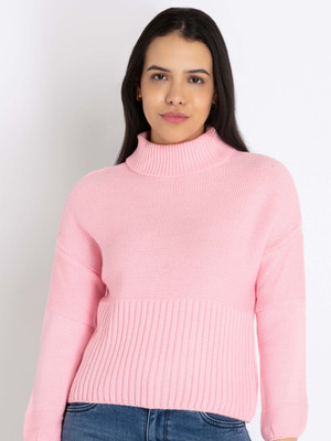 Status Quo Solid, Self Design High Neck Casual Women Pink Sweater