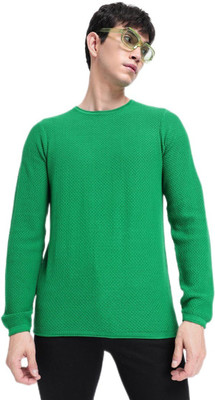 BEWAKOOF Self Design Round Neck Casual Men Green Sweater