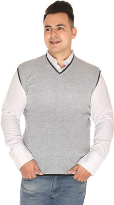 GAINEEL Solid V Neck Casual Men Grey Sweater