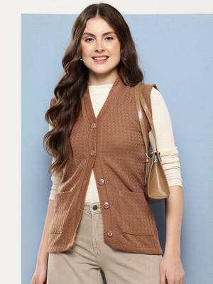 METRONAUT Self Design V Neck Casual Women Brown Sweater