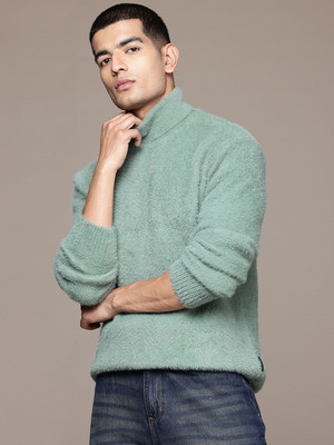 Roadster Solid High Neck Casual Men Green Sweater