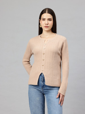 PIERRE CARLO Striped Round Neck Casual Women Beige Sweater