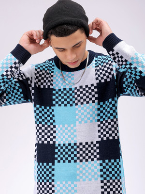 The Indian Garage Co. Checkered Crew Neck Casual Men White Sweater