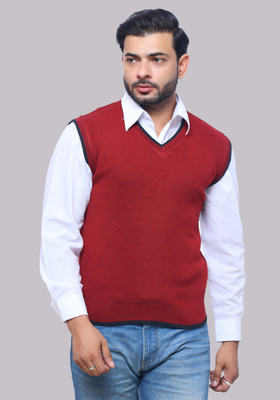 urban trees Striped V Neck Casual Men Maroon Sweater