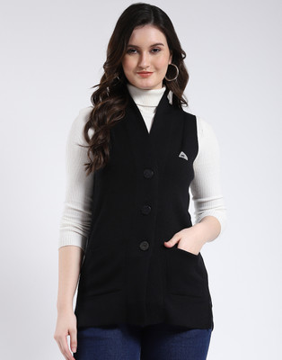 MONTE CARLO Solid V Neck Casual Women Black Sweater