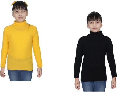 IndiWeaves Solid High Neck Casual Girls Yellow Sweater