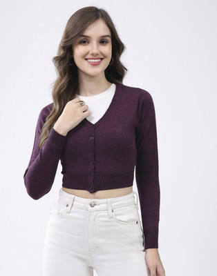 MONTE CARLO Solid V Neck Casual Women Purple Sweater