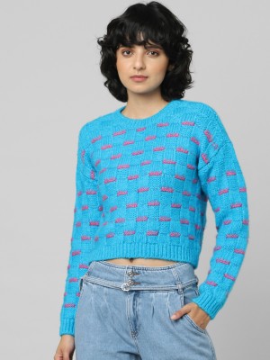 ONLY Checkered Round Neck Casual Women Blue Sweater