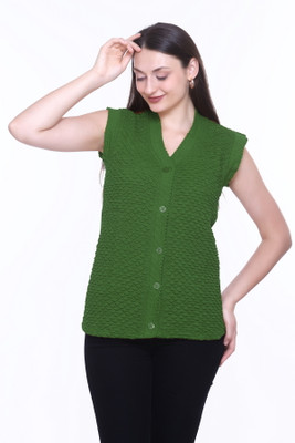 ENOV Self Design V Neck Casual Women Dark Green Sweater