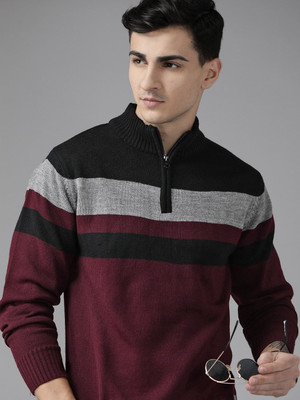 Roadster Printed Scoop Neck Casual Men Maroon Sweater