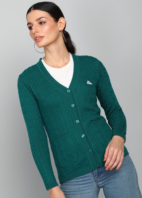 MONTE CARLO Self Design V Neck Casual Women Green Sweater