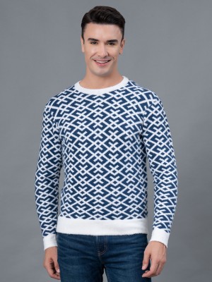 RED TAPE Printed Round Neck Casual Men Blue, White Sweater