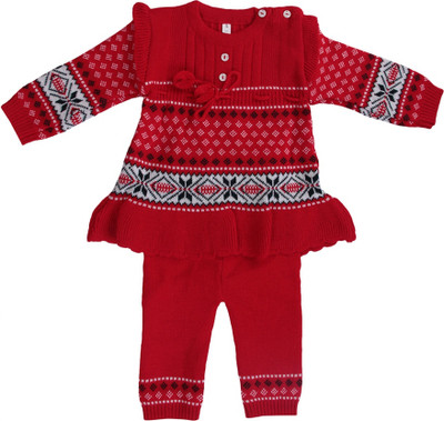 ANIXA Printed Round Neck Casual Baby Girls Red Sweater