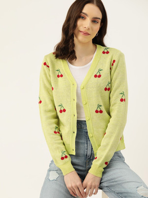 Dressberry Self Design V Neck Casual Women Green Sweater