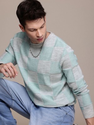 WROGN Checkered Round Neck Casual Men Blue Sweater