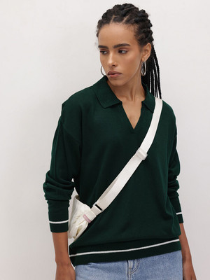 Roadster Solid Collared Neck Casual Women Green Sweater