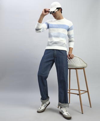 Cluzive Striped Round Neck Casual Men Light Blue Sweater