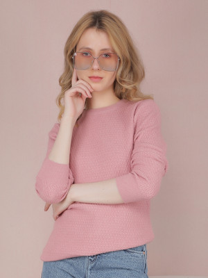 CRIMSOUNE CLUB Self Design Round Neck Casual Women Pink Sweater