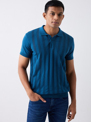 Spykar Striped Collared Neck Casual Men Blue Sweater