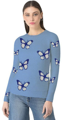 Eddicted Woven Round Neck Casual Women Blue Sweater