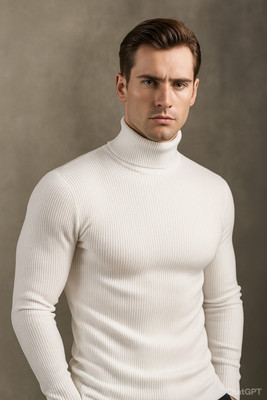 Rufica Solid High Neck Casual Men White Sweater