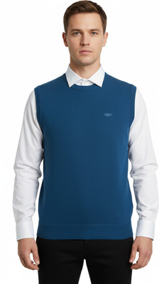 VOMAZO Solid Round Neck Formal Men Blue Sweater