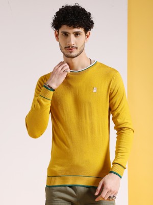 The Indian Garage Co. Self Design Crew Neck Casual Men Yellow Sweater