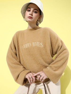 Roadster Embroidered High Neck Casual Women Brown Sweater