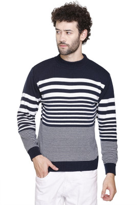 S.L. Madhok Striped Round Neck Casual Men Blue Sweater