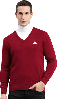 MONTE CARLO Solid V Neck Casual Men Maroon Sweater