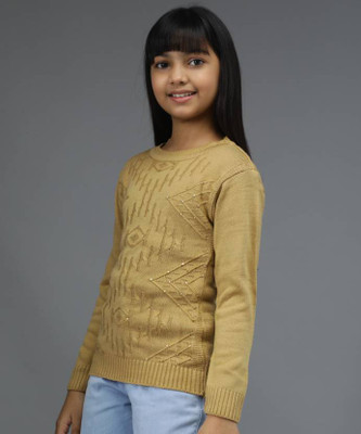 SwellSwag Embellished Round Neck Casual Girls Beige Sweater