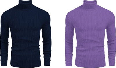 HOSUEOFCOMMON Solid High Neck Casual Men Dark Blue, Purple Sweater