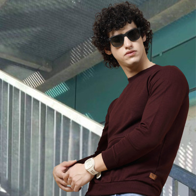 RIGO Solid Round Neck Casual Men Maroon Sweater
