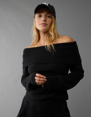 American Eagle Self Design Off Shoulder Casual Women Black Sweater