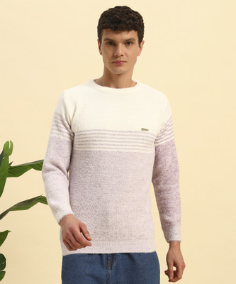 CANBLAR Striped Round Neck Casual Men Purple Sweater