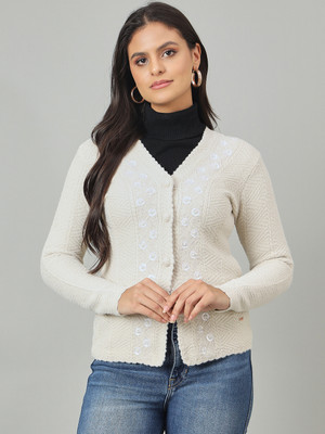 DUKE Embroidered V Neck Casual Women Beige Sweater
