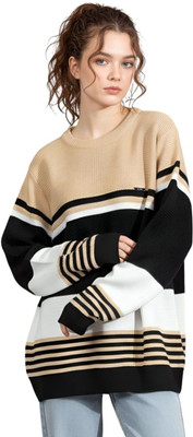 WAY TO TRENDY Striped Round Neck Casual Women Beige Sweater