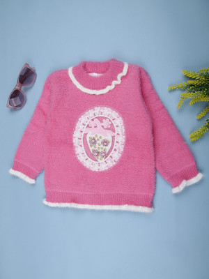 V-MART Self Design Round Neck Casual Baby Girls Pink Sweater