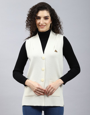 MONTE CARLO Solid V Neck Casual Women White Sweater