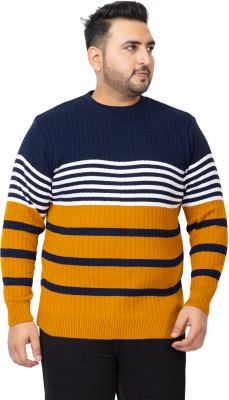 KVETOO Striped Round Neck Casual Men Blue, Yellow, White Sweater