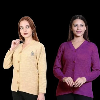 LUXURIOUS DESIGN Self Design V Neck Casual Women Beige, Purple Sweater
