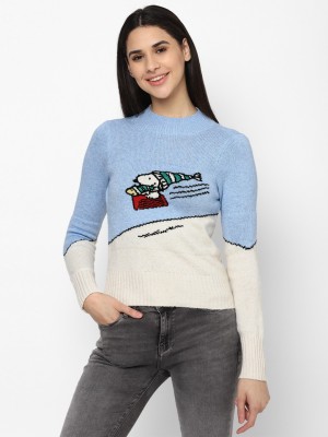 American Eagle Outfitters Colorblock Round Neck Casual Women Blue, White Sweater