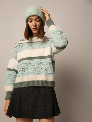 ONLY Self Design Round Neck Casual Women Green Sweater