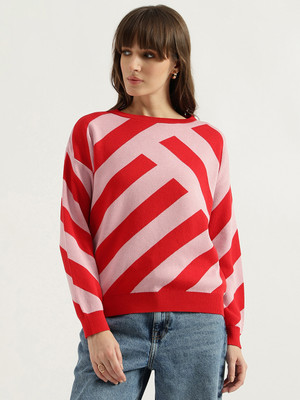 United Colors of Benetton Striped Round Neck Casual Women Red, Pink Sweater