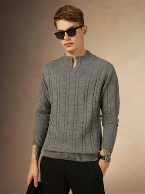 Dennis Lingo Striped Round Neck Casual Men Grey Sweater