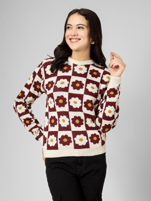 HouseOfCommon Self Design Round Neck Lounge Wear Women Maroon Sweater