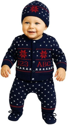 ooshy Woven, Self Design Round Neck Casual Baby Boys & Baby Girls Blue Sweater